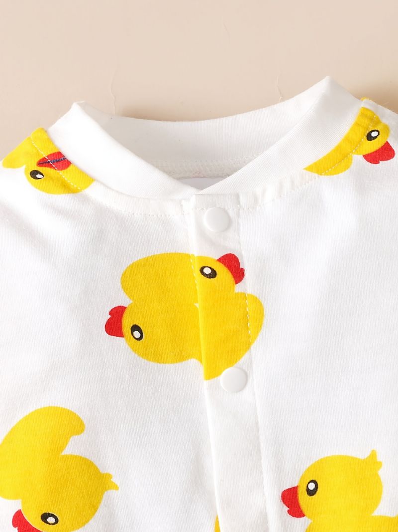 Nyfødt Spedbarn Romper Tegneserie Duck Print Langermet Rund Hals Jumpsuit For Baby Jenter Småbarnsklær