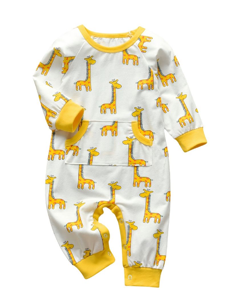 Nyfødt Spedbarn Romper Tegneserie Girafftrykk Langermet Rundhals Jumpsuit For Baby Gutter Jenter Barn Klær