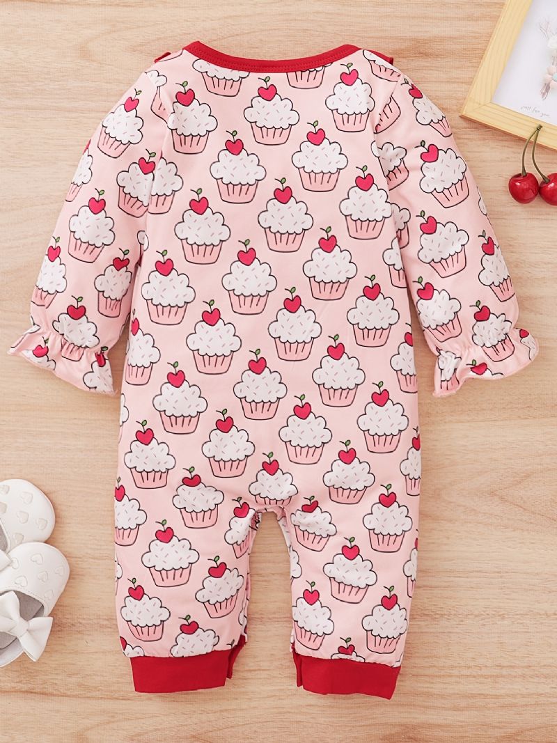 Nyfødt Spedbarn Ruffle Romper Langermet Kake Print Jumpsuit For Baby Jenter Småbarnsklær