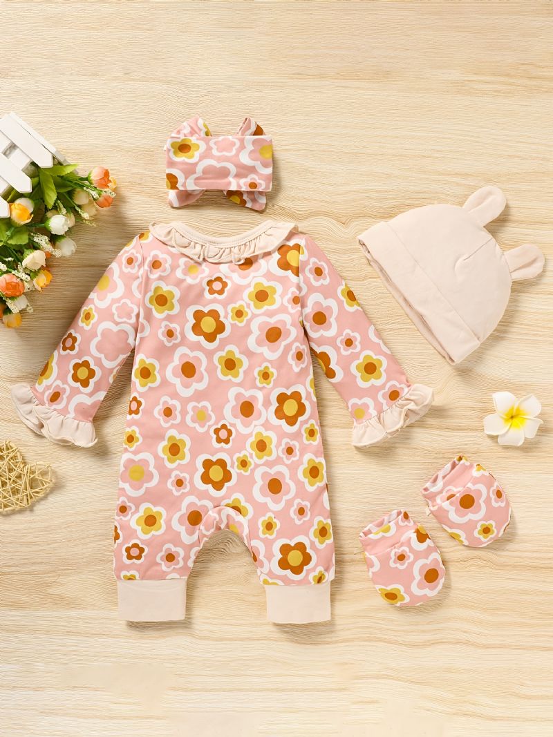 Nyfødt Spedbarnsbukse Med Blomstertrykk Langermet Volanger Jumpsuit & Pannebånd & Hatter & Hansker Baby Jenteklær