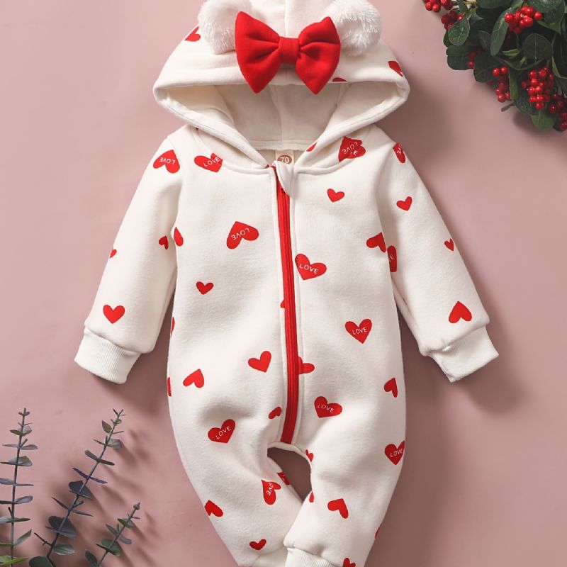 Småbarn Baby Heart Print Langermet Hette Jumpsuit For Jenter