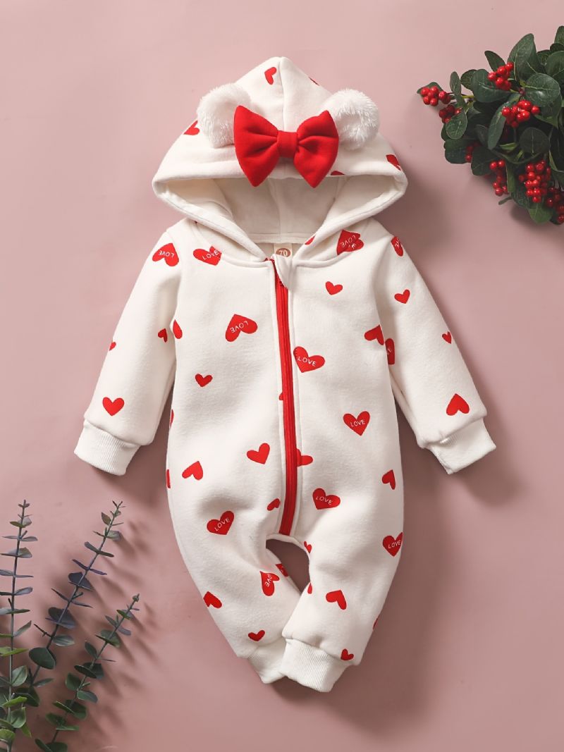 Småbarn Baby Heart Print Langermet Hette Jumpsuit For Jenter