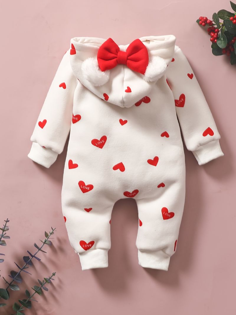 Småbarn Baby Heart Print Langermet Hette Jumpsuit For Jenter