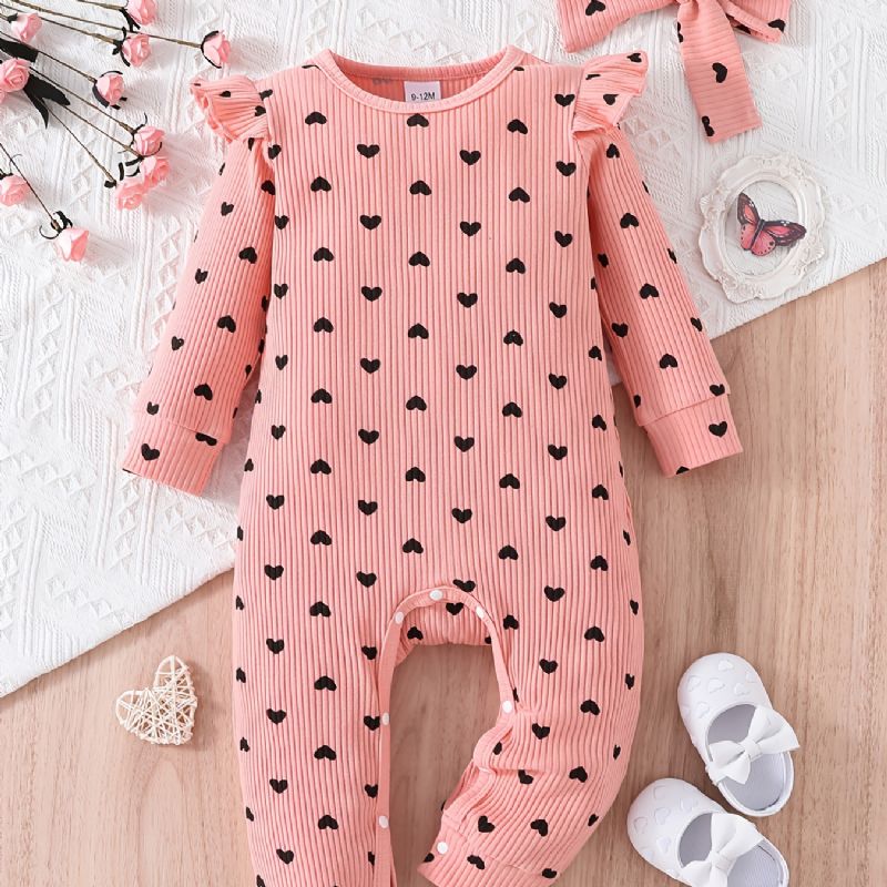 Småbarn Baby Jenter Jumpsuit Trykt Fersken Hjerte Rund Hals Langermet Romper