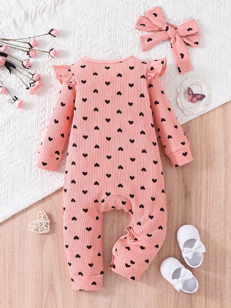 Småbarn Baby Jenter Jumpsuit Trykt Fersken Hjerte Rund Hals Langermet Romper