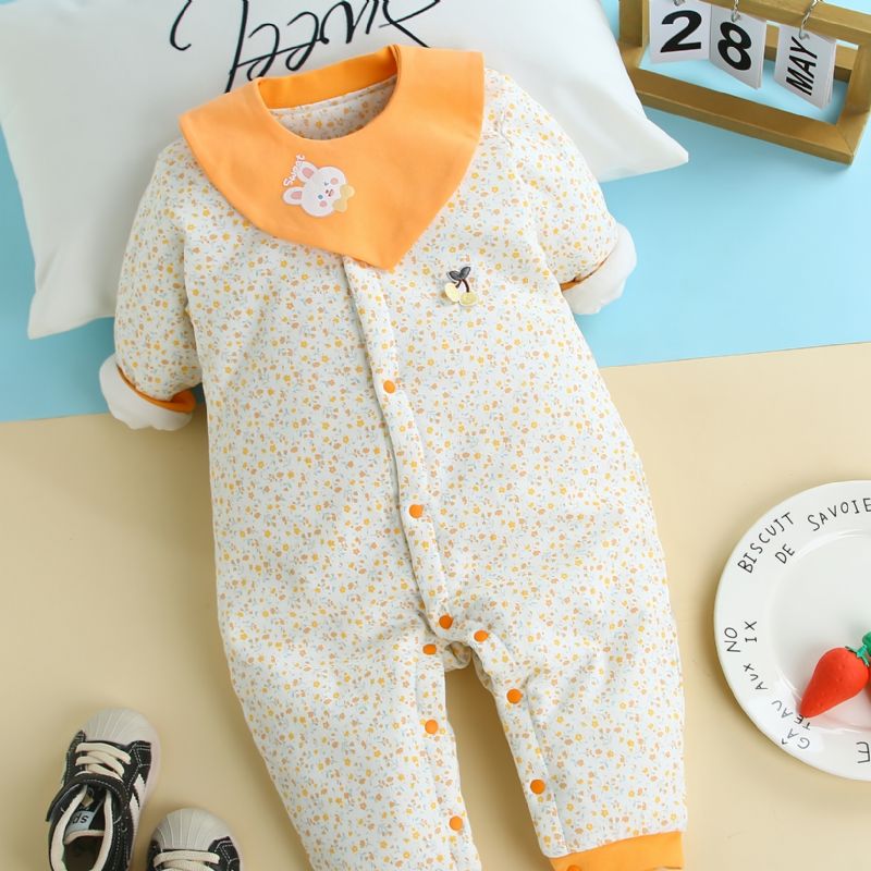 Småbarn Baby Jumpsuit Blomstertrykk Rundhals Langermet Varm Fortykningsbukse For Jenter Vinter