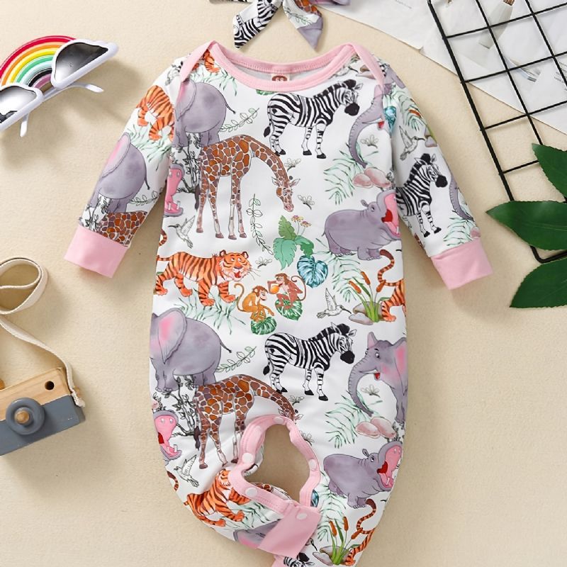 Småbarn Baby Jumpsuit Tegneserie Dyretrykk Rundhals Langermet Romper For Jenter Barneklær