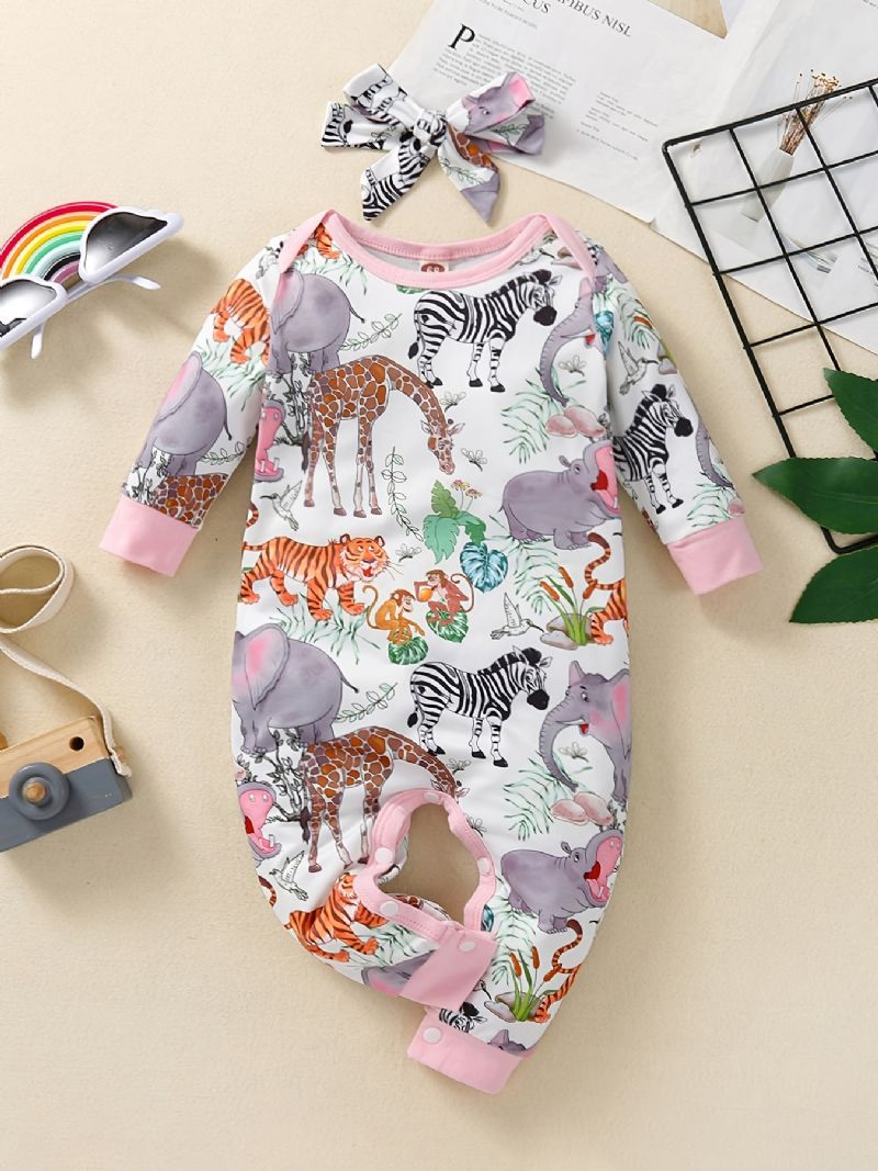 Småbarn Baby Jumpsuit Tegneserie Dyretrykk Rundhals Langermet Romper For Jenter Barneklær