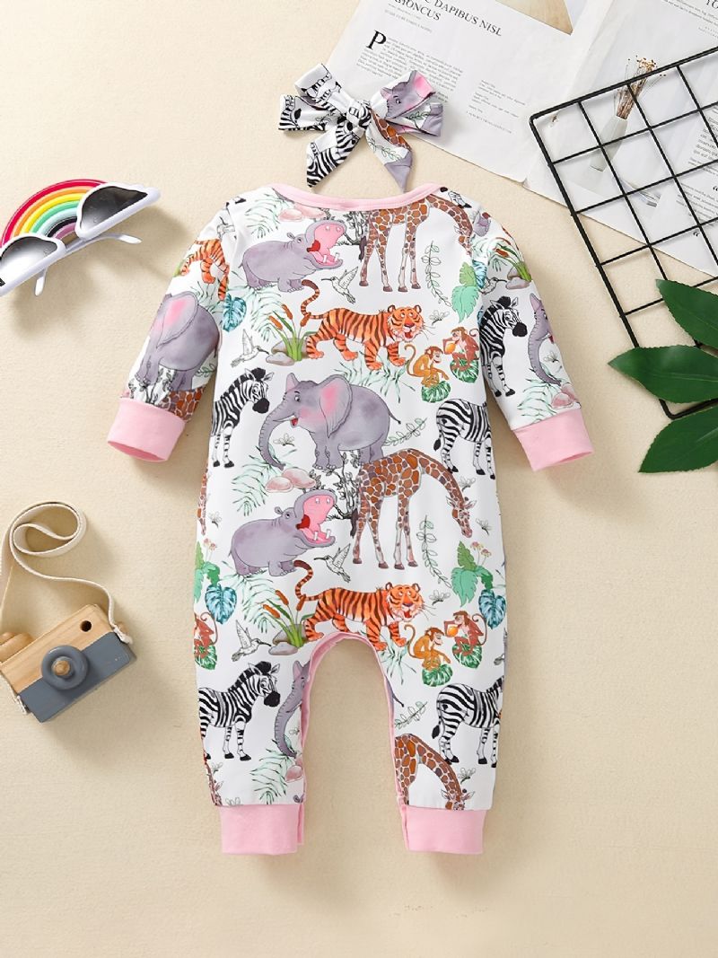 Småbarn Baby Jumpsuit Tegneserie Dyretrykk Rundhals Langermet Romper For Jenter Barneklær