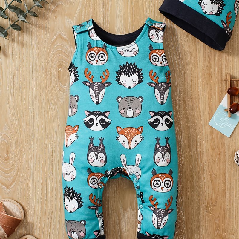 Småbarn Baby Søt Dyre Print Ermeløs Jumpsuit Romper & Hat For Gutter Jenter