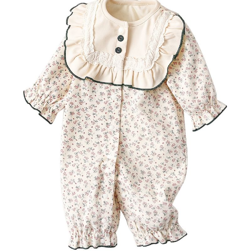 Spedbarn Baby Jenter Floral Rulle Langermet Rund Hals Ruffled Jumpsuit Barneklær