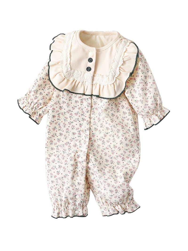 Spedbarn Baby Jenter Floral Rulle Langermet Rund Hals Ruffled Jumpsuit Barneklær