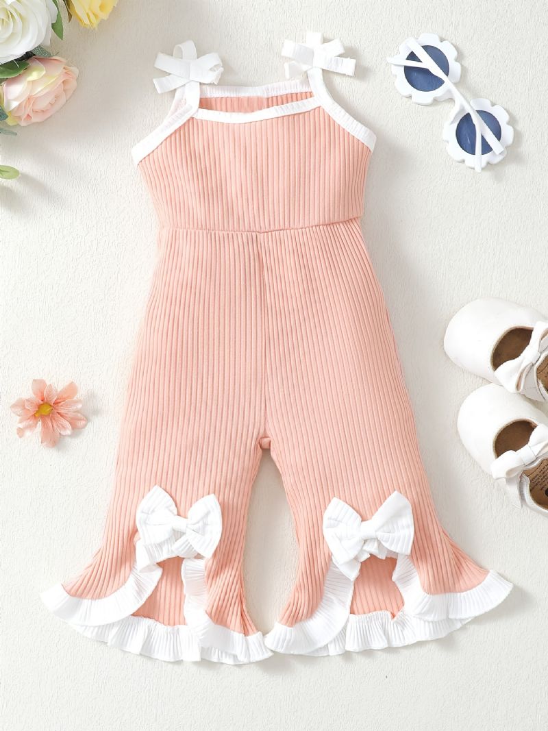 Spedbarn Baby Jenter Sløyfe Ruffle Ribbet Strikket Cami Flare Leg Jumpsuit