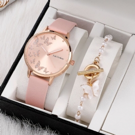 Barn Jenter Quartz Watch & Butterfly Pendant Armbånd Barnegave