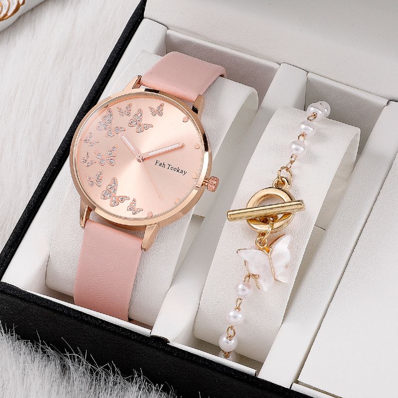 Barn Jenter Quartz Watch & Butterfly Pendant Armbånd Barnegave