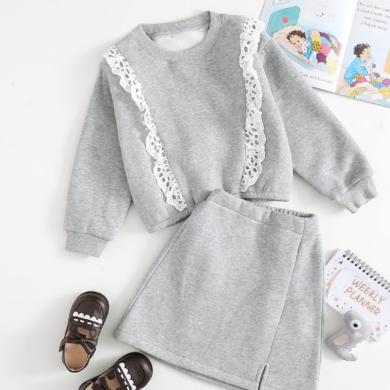 2 Stk Baby Jenter Blonde Trim Pullover Rund Hals Langermet Fleece Varm Genser & Skjørt Sett