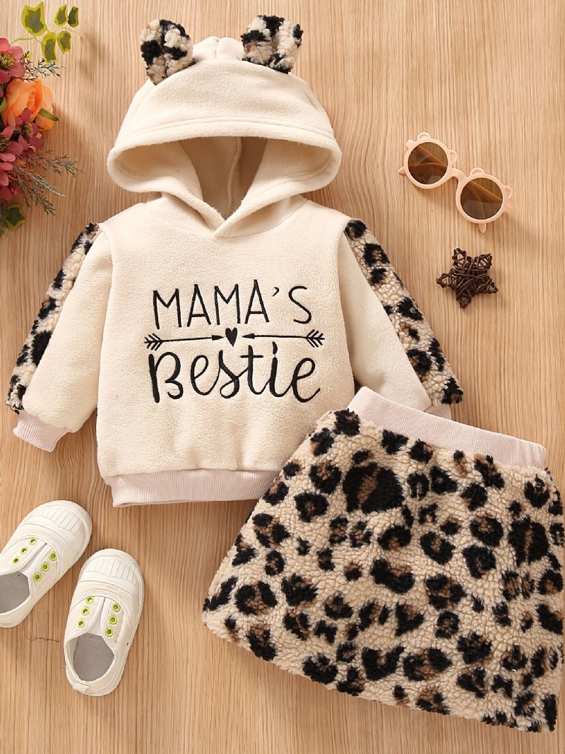 2 Stk Baby Jenter Polar Fleece Hettegenser Leopard Brevbroderi Topp & Skjørtsett Barneklær