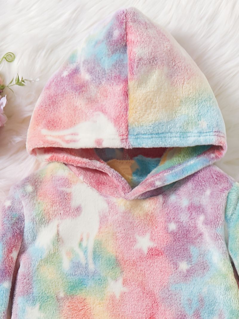 2 Stk Jente Plysj Hettegenser Tie Dye Unicorn Langermet Genser Og Skjørtsett Barneklær