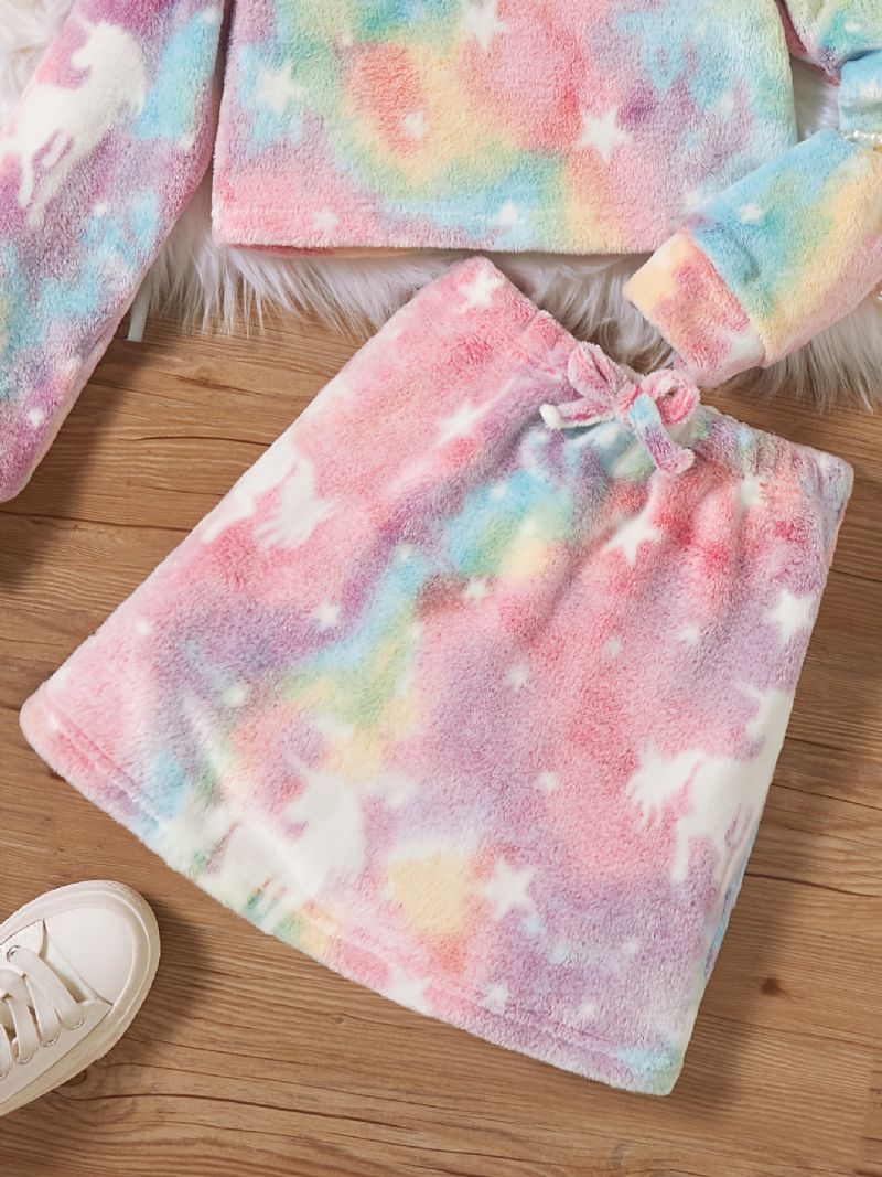 2 Stk Jente Plysj Hettegenser Tie Dye Unicorn Langermet Genser Og Skjørtsett Barneklær