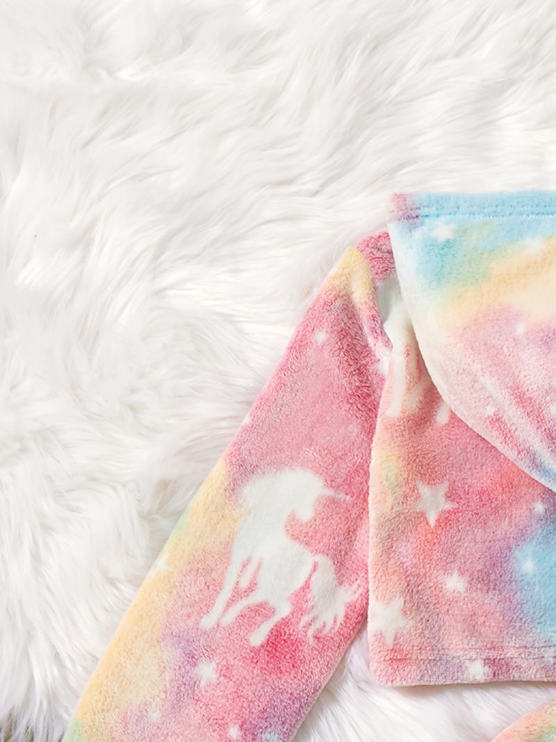 2 Stk Jente Plysj Hettegenser Tie Dye Unicorn Langermet Genser Og Skjørtsett Barneklær