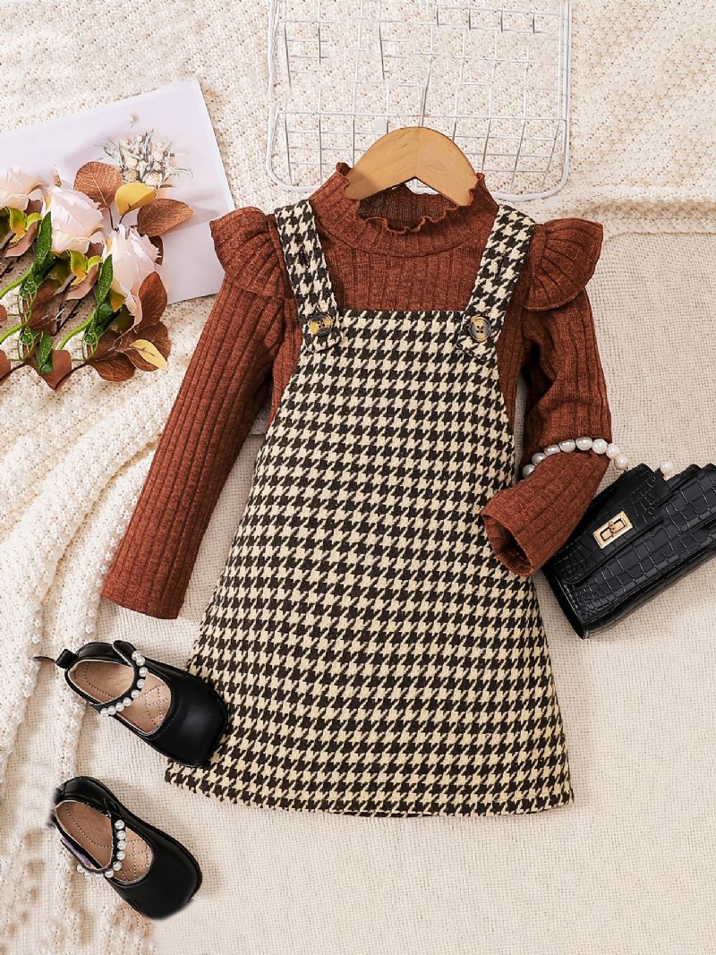 2 Stk Jenter Elegant Sweet Houndstooth Tweed Suspender-skjørt Og Volanggensersett Til Vinterfest