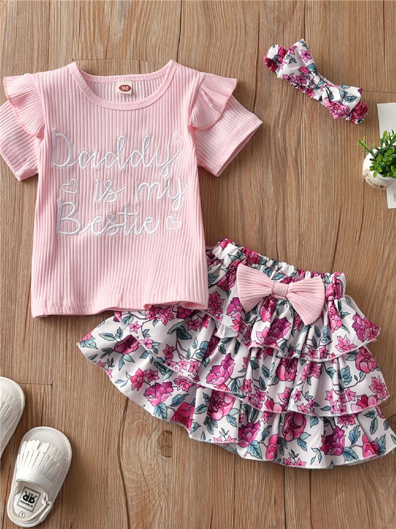 Jenter Søt Ruffled Topp Med Daddy Is My Bestie Print & Sløyfe Plissert Lagdelt Skjørt Med Blomstertrykk Til Fest