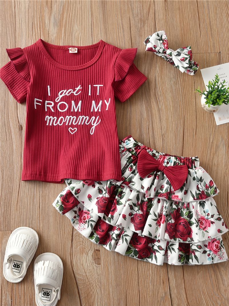 Jenter Søt Ruffled Topp Med I Got It From My Mommy Print & Sløyfe Plissert Lagdelt Skjørt Med Rosetrykk Til Fest