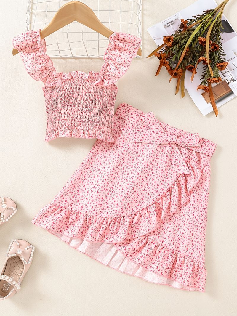 Ruffle Camisole For Jenter + Matchende Skjørt Med Blomstertrykk Barneklær