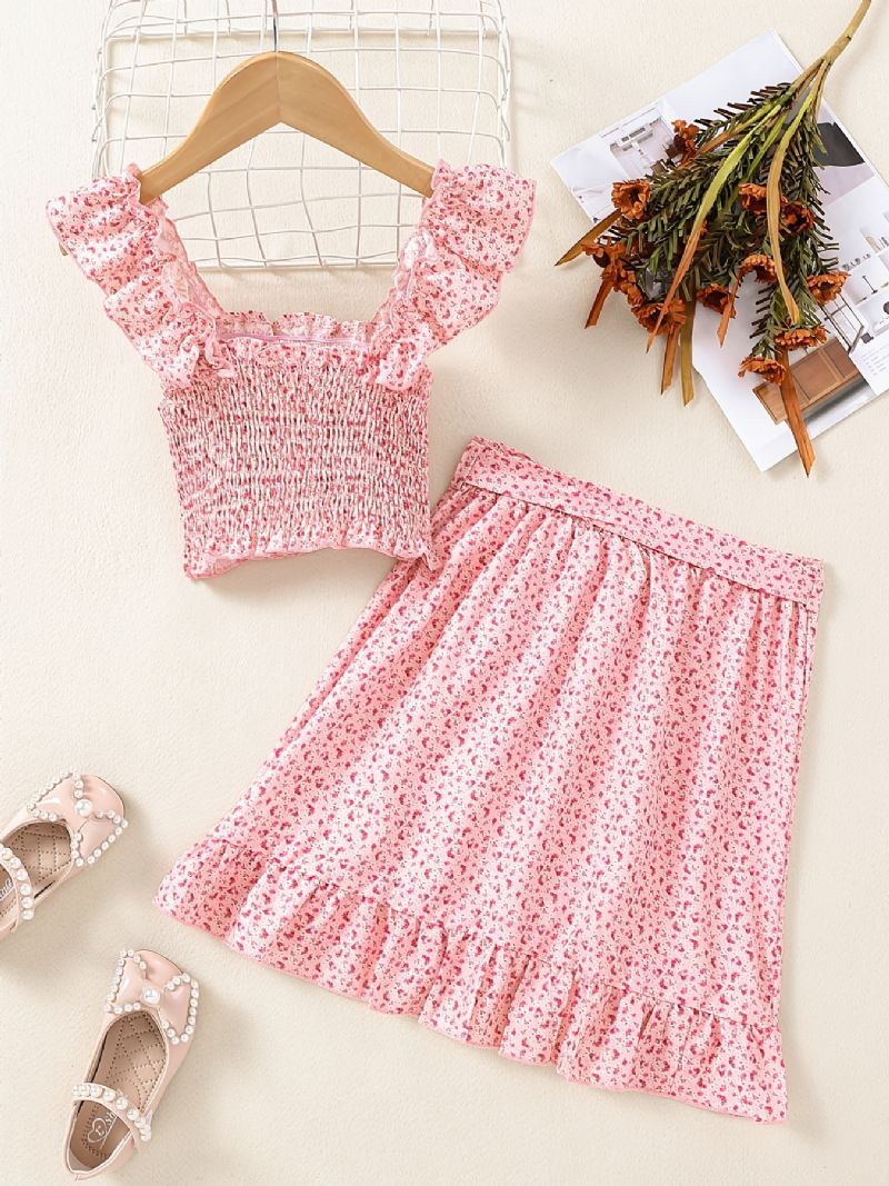 Ruffle Camisole For Jenter + Matchende Skjørt Med Blomstertrykk Barneklær