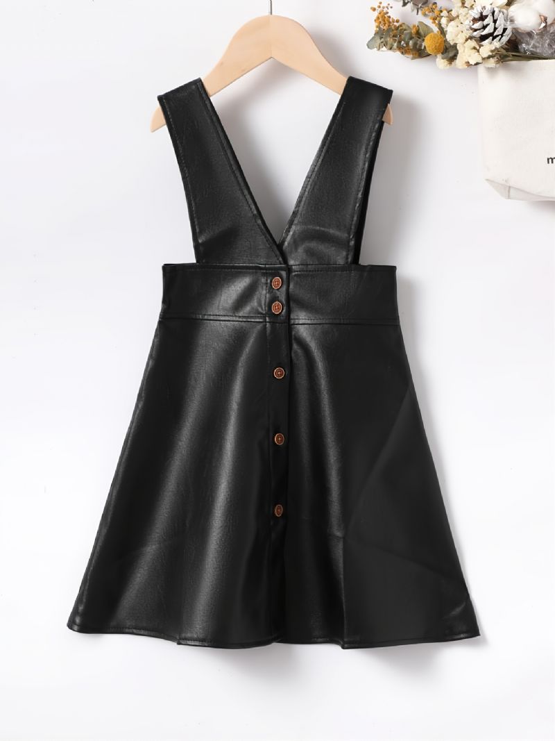 Toddler Jenter Black Pu Suspender-skjørt