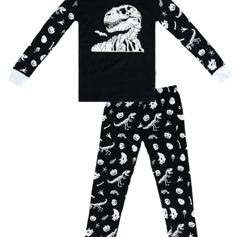 2 Stk Barn Pyjamas Glow-in-the-mørke Dinosaur Print Rund Hals Langermet Topp Og Buksesett For Gutter Jenter