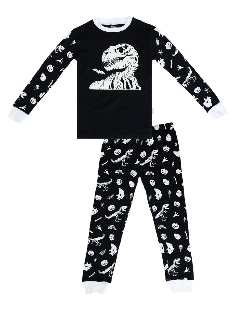 2 Stk Barn Pyjamas Glow-in-the-mørke Dinosaur Print Rund Hals Langermet Topp Og Buksesett For Gutter Jenter