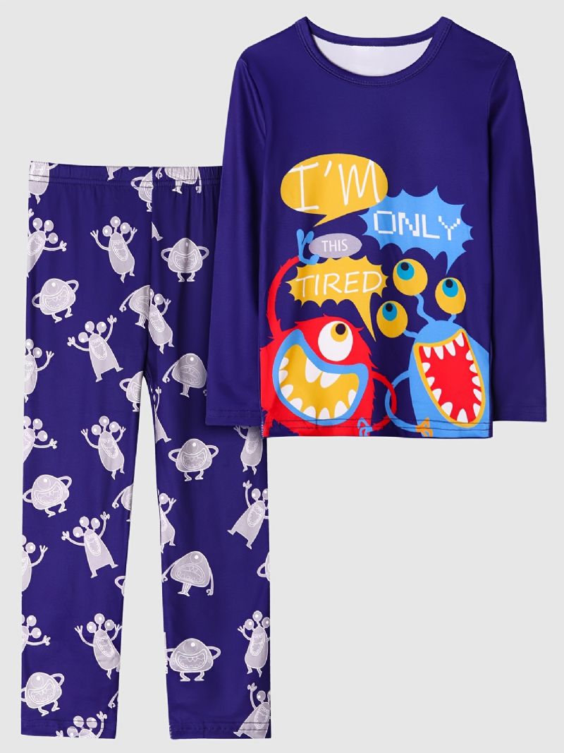 2 Stk Gutter Casual Cartoon Monster Pyjamassett Med Lange Ermede Topper Og Bukser Marineblå