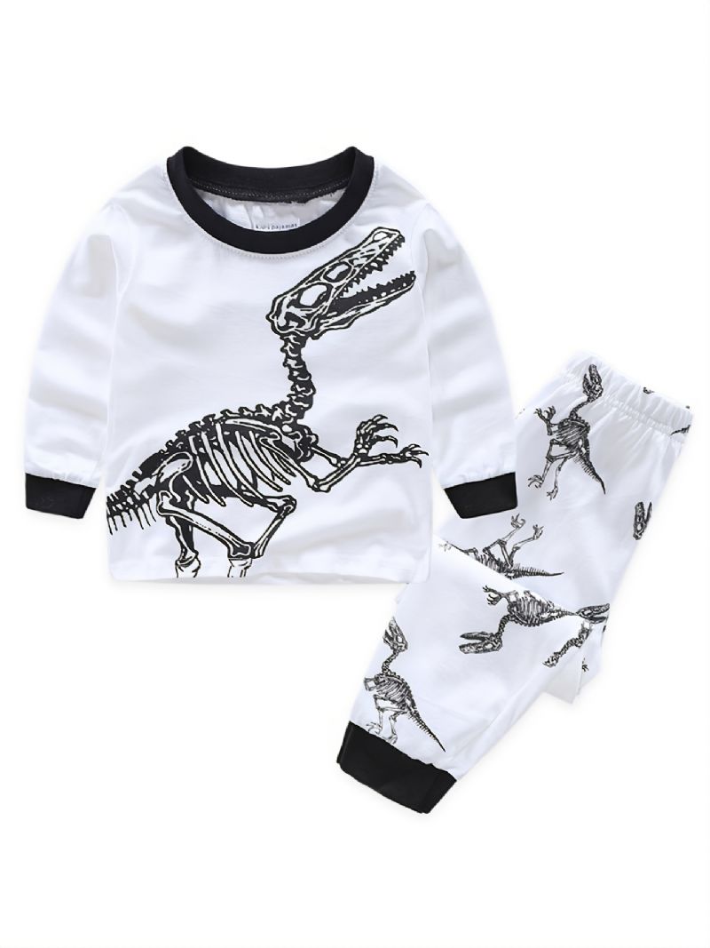 2 Stk Gutter Casual Crew Neck Dinosaur Print Pyjamassett Barneklær