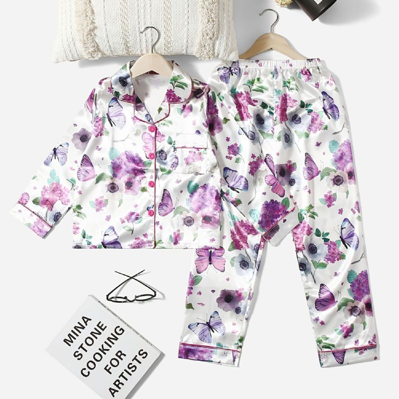 2 Stk Jentekrage Cardigan Pyjamassett Med Hvitt Blomstertrykk Lilla Sommerfugl