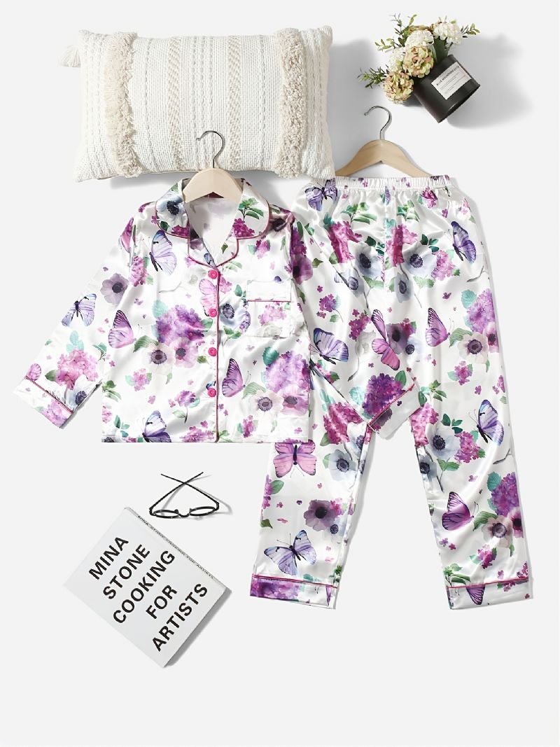 2 Stk Jentekrage Cardigan Pyjamassett Med Hvitt Blomstertrykk Lilla Sommerfugl