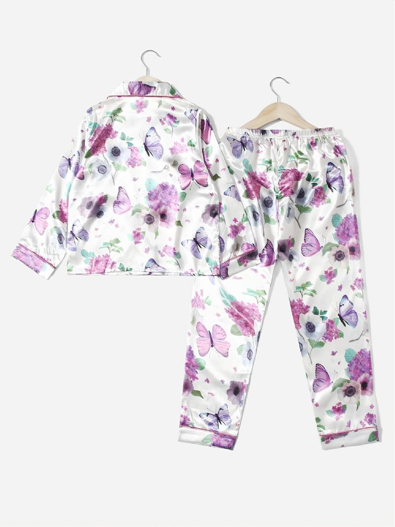 2 Stk Jentekrage Cardigan Pyjamassett Med Hvitt Blomstertrykk Lilla Sommerfugl