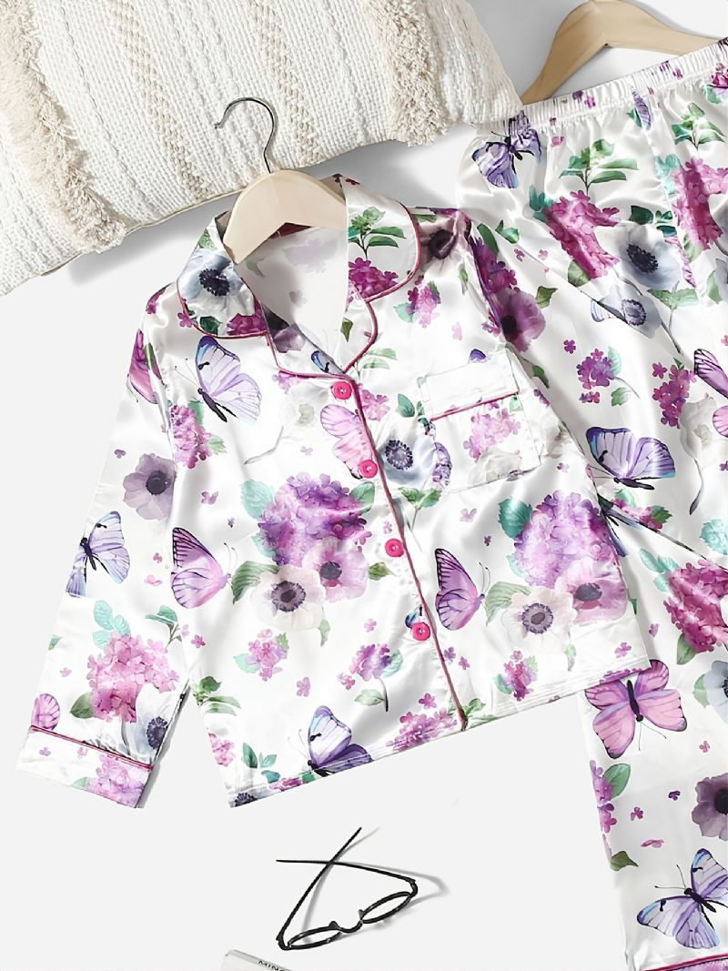 2 Stk Jentekrage Cardigan Pyjamassett Med Hvitt Blomstertrykk Lilla Sommerfugl