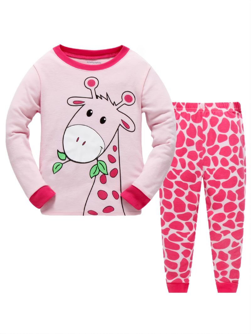 2 Stk Jenter Casual Cartoon Animal Print Crew Neck Pink Cotton Pyjamas Sets