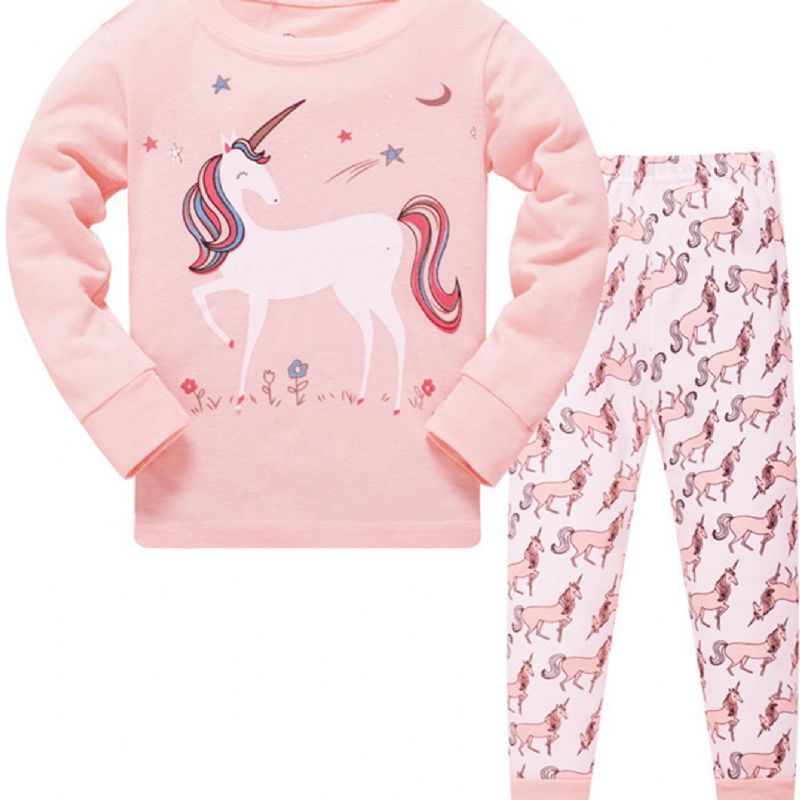 2 Stk Jenter Casual Cartoon Unicorn Print Crew Neck Pink Cotton Pyjamas Sets