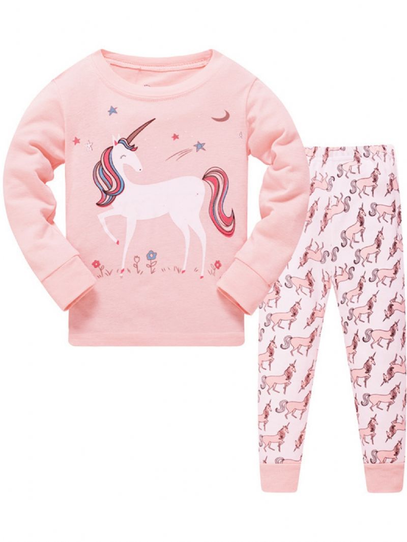 2 Stk Jenter Casual Cartoon Unicorn Print Crew Neck Pink Cotton Pyjamas Sets