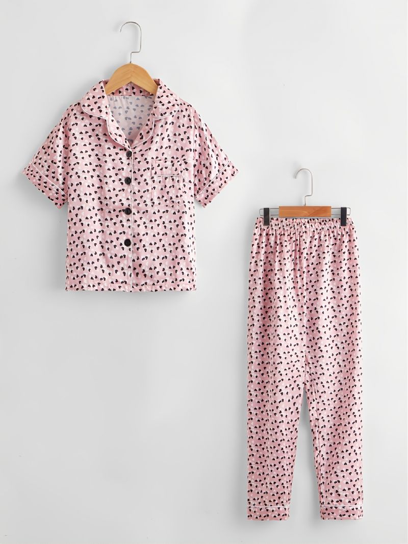 2 Stk Jenter Casual Komfortabel Rosa Love Lapel Kortermede Bukser Pyjamassett