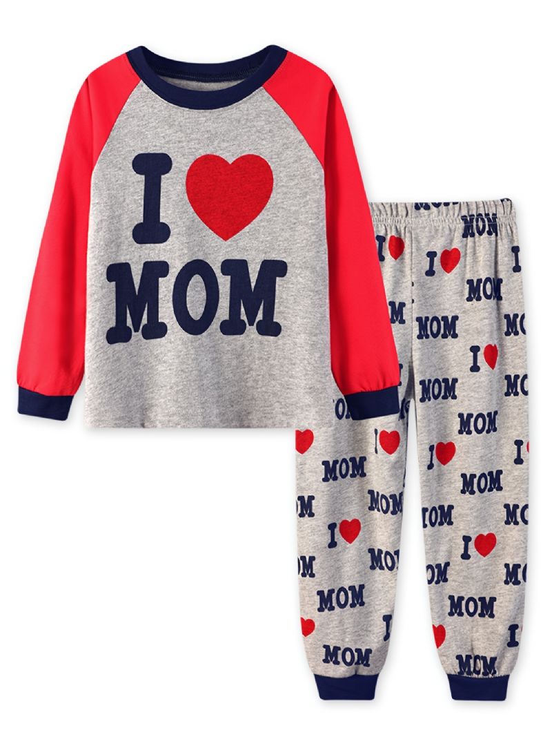 2 Stk Jenter Enkel Uformell Pyjamassett Med Rund Hals Langermede Topper Og Bukser Med 'i Love Mom'-trykk For Vinteren