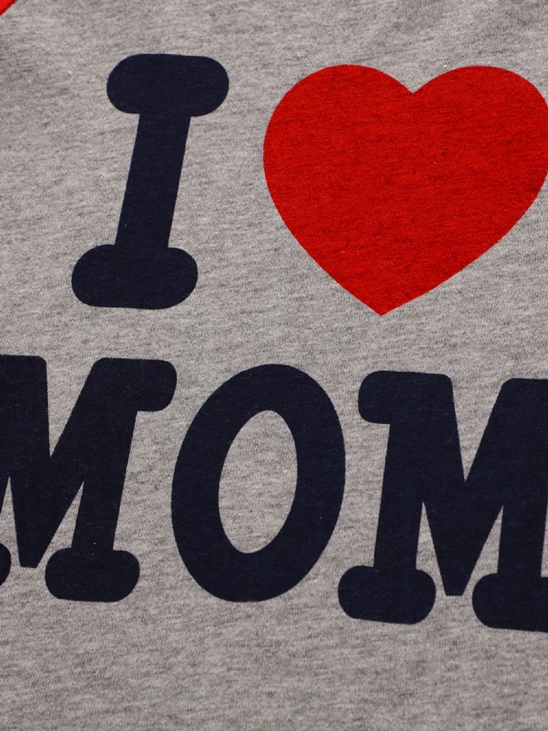 2 Stk Jenter Enkel Uformell Pyjamassett Med Rund Hals Langermede Topper Og Bukser Med 'i Love Mom'-trykk For Vinteren