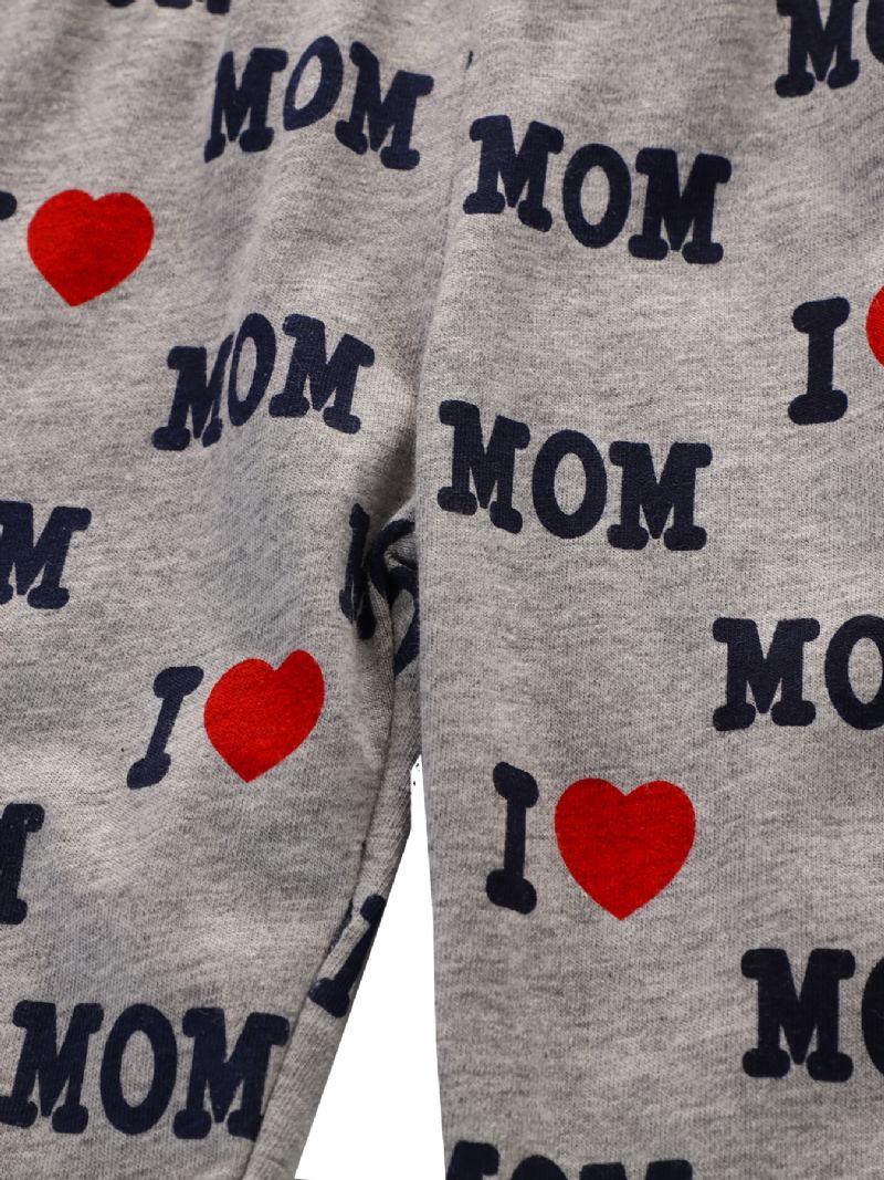 2 Stk Jenter Enkel Uformell Pyjamassett Med Rund Hals Langermede Topper Og Bukser Med 'i Love Mom'-trykk For Vinteren