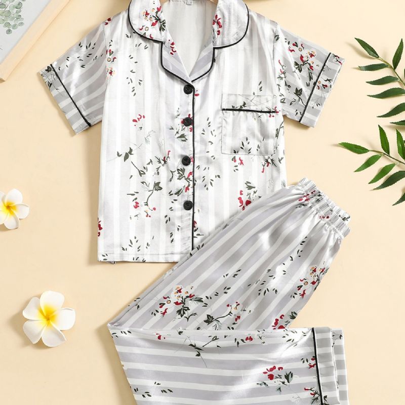 2 Stk Jenter Plante Blomstermønster Lapel Neck Button Front Pyjamas Set