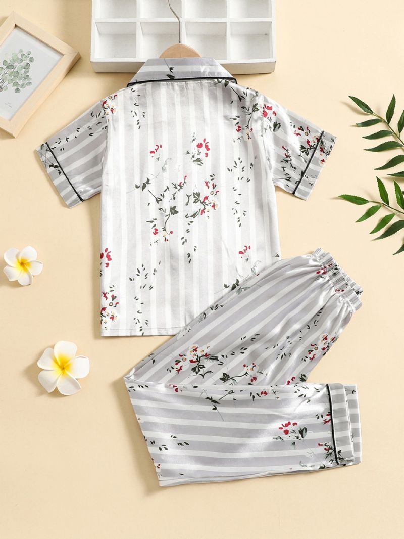 2 Stk Jenter Plante Blomstermønster Lapel Neck Button Front Pyjamas Set