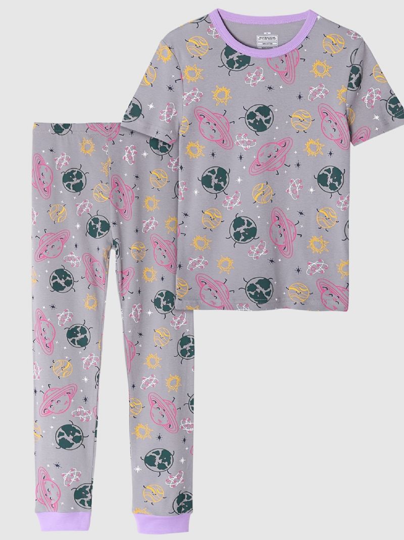 2 Stk Jenter Søt Tegneserie Planet Print Pyjamassett Med Kortermede Topper Og Bukser