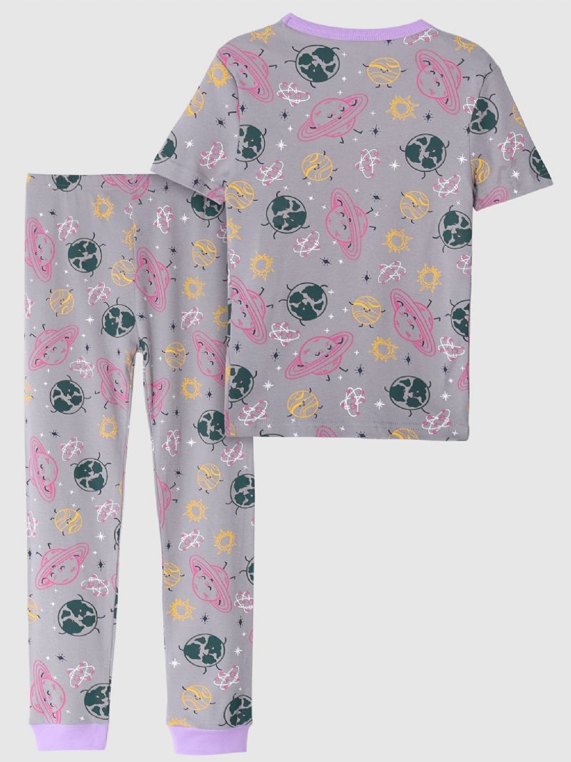 2 Stk Jenter Søt Tegneserie Planet Print Pyjamassett Med Kortermede Topper Og Bukser