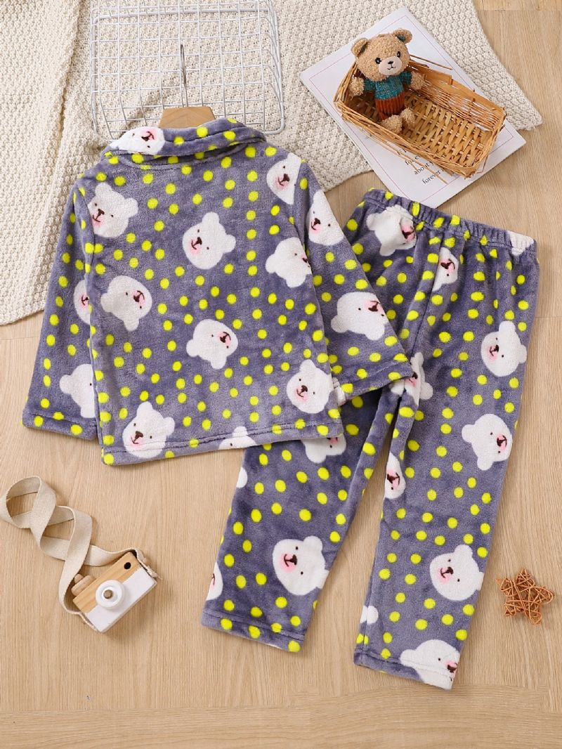 2 Stk Ny Høst Og Vinter Gutter Og Jenter Fortykket Flanell Cardigan Dot Bear Print Pyjamassett